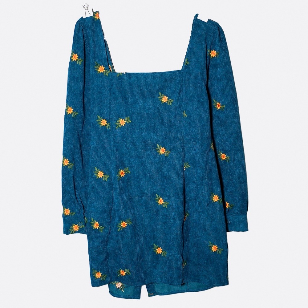 Embroidered Teal Corduroy Square Neck Mini Dress Whimsical Boho Chic Plus 1X XL - Picture 3 of 7